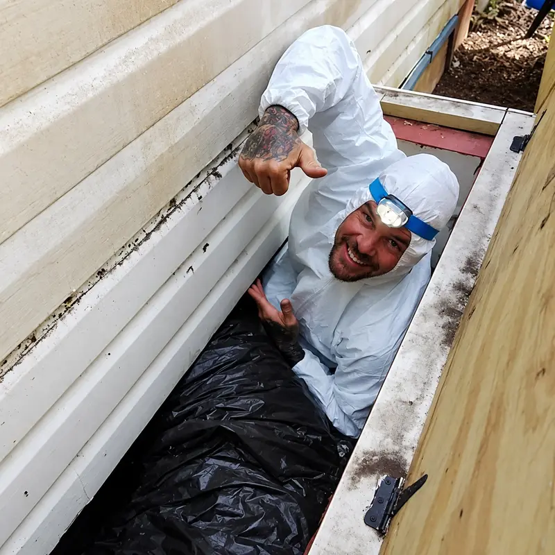 Inspector in a white coverall and headlamp giving a thumbs-up from inside a crawl chase
